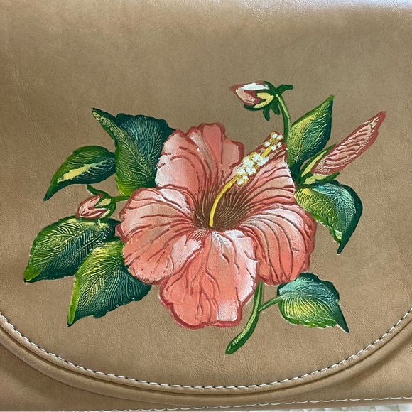 The Original Florida Keys Hand Bag Painted Hibiscus Flower Purse Tan Pink - Picture 8 of 13